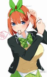 Rule 34 | 1girl, artist name, black jacket, blue eyes, blush, bow, breasts, closed mouth, collared shirt, commentary request, eyebrows hidden by hair, go-toubun no hanayome, green bow, green ribbon, green skirt, hair between eyes, hair ribbon, hairdressing, heart, irarei (araisanblog), jacket, large breasts, looking to the side, low twintails, medium hair, miniskirt, nakano yotsuba, open clothes, open jacket, plaid, plaid bow, pleated skirt, ribbon, school uniform, shirt, simple background, skirt, solo, thought bubble, twintails, twintails day, twitter username, uniform, upper body, white background, white shirt