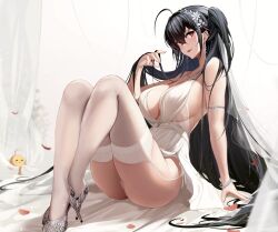 Rule 34 | 1girl, ahoge, azur lane, backless dress, backless outfit, bird, black hair, breasts, center opening, cocktail dress, crossed bangs, dress, full body, garter straps, hair strand, highres, hummingbird, jewelry, large breasts, long hair, looking at viewer, necklace, official alternate costume, red eyes, rikiddo (tise 00), satin dress, see-through, see-through dress, sideboob, silver footwear, sitting, sleeveless, sleeveless dress, solo, taihou (azur lane), taihou (temptation on the sea breeze) (azur lane), thighhighs, thong, underwear, very long hair, wedding dress, white dress, white garter straps, white thighhighs