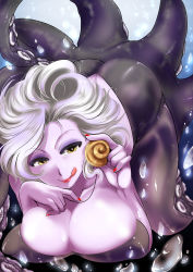 Rule 34 | 1girl, :q, absurdres, breasts, cleavage, disney, hal (goshujinomocha), highres, huge breasts, jewelry, lips, monster girl, nail polish, pendant, scylla, shell, short hair, smile, solo, tentacles, the little mermaid, tongue, tongue out, ursula (disney), white hair, yellow eyes