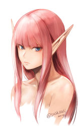 Rule 34 | 1girl, 2021, blue eyes, blunt bangs, closed mouth, collarbone, cropped torso, dated, long hair, looking at viewer, nude, original, pink hair, pointy ears, simple background, solo, straight hair, sushi (sashimise), twitter username, upper body, very long hair, white background