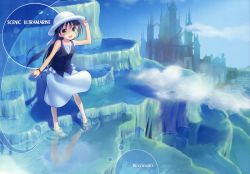 Rule 34 | 1girl, absurdres, bare legs, bare shoulders, barefoot, black hair, blush, castle, cover, dress, green eyes, hat, highres, ice, long hair, looking at viewer, open mouth, original, scan, skirt, sky, smile, solo, takoyaki (roast), vest, wading, water