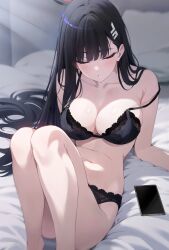 Rule 34 | 1girl, black bra, black hair, black panties, blue archive, blush, bra, breasts, cellphone, cleavage, closed eyes, collarbone, feet out of frame, hair ornament, highres, indoors, lace, lace panties, large breasts, long hair, navel, panties, parted lips, phone, preview (preview0), rio (blue archive), sitting, smartphone, solo, stomach, thighs, underwear, underwear only