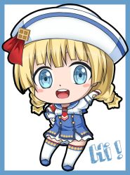 Rule 34 | 1girl, blonde hair, blue eyes, blush, braid, chibi, dixie cup hat, hat, looking at viewer, military hat, miniskirt, monster hunter, monster hunter (series), monster hunter 3 g, open mouth, quest receptionist (monster hunter 3 ultimate), skirt, smile, solo, thighhighs, twin braids, white thighhighs, whitewisewolf, wisewolf art