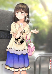 Rule 34 | 1girl, bag, blue skirt, blurry, blurry background, blush, breasts, brown hair, cellphone, closed mouth, collarbone, commentary request, day, flying sweatdrops, hair ribbon, handbag, holding, holding bag, holding phone, knees together feet apart, long hair, looking away, motion lines, niichi (komorebi-palette), original, outdoors, park, phone, ribbon, school uniform, shirt, short sleeves, skirt, small breasts, smartphone, solo, space print, standing, starry sky print, translation request, waiting, watch, wristwatch, yellow eyes, yellow shirt