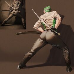 Rule 34 | 1boy, ass, ass focus, back, belt, black belt, black gloves, black pants, forehead protector, genji (overwatch), gloves, green hair, highres, holding, holding sheath, holding sword, holding weapon, male focus, nuggies (nug gies), overwatch, overwatch 2, pants, photo-referenced, sheath, short hair, solo, sword, twitter username, weapon