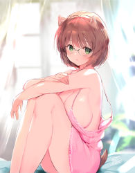 Rule 34 | 1girl, animal ears, bare arms, bare legs, blurry, blurry background, blush, bob cut, breasts, brown hair, copyright request, curtains, day, dress, feet out of frame, from side, glasses, green eyes, hand on own arm, indoors, knees to chest, knees up, large breasts, legs together, looking at viewer, no bra, on bed, open mouth, original, parted lips, pink dress, round eyewear, short hair, sidelocks, signature, sitting, solo, spaghetti strap, sunlight, tail, thighs, window, yaegashi nan
