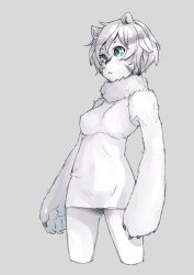 Rule 34 | 1girl, :&lt;, animal ears, animal hands, aqua eyes, bad id, bad twitter id, bear ears, breasts, closed mouth, cowboy shot, cropped legs, fur collar, gluteal fold, grey background, medium breasts, monster girl, naked shirt, nucomas, original, shirt, short hair, silver hair, simple background, solo, standing, white shirt