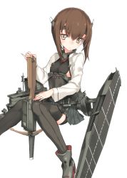 Rule 34 | 10s, 1girl, anchor, bike shorts, blush, bow (weapon), brown eyes, brown hair, crossbow, flat chest, headband, headgear, kantai collection, koto (kotocotton), personification, pleated skirt, short hair, sitting, skirt, solo, sweatdrop, taihou (kancolle), thighhighs, weapon