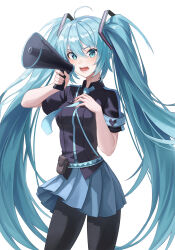 Rule 34 | 1girl, ahoge, armband, black pantyhose, black skirt, blue eyes, blue hair, blue necktie, blue skirt, breasts, commentary request, contrapposto, cowboy shot, hatsune miku, highres, holding, holding megaphone, koi wa sensou (vocaloid), long hair, medium breasts, megaphone, miniskirt, necktie, open mouth, pantyhose, pleated skirt, pouch, skirt, solo, twintails, very long hair, vocaloid, yt9676