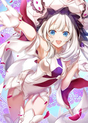 Rule 34 | 1girl, :d, armpits, blue eyes, boots, dress, fate/grand order, fate (series), gloves, hat, leaning forward, long hair, looking at viewer, marie antoinette (fate), marie antoinette (third ascension) (fate), nina (pastime), open mouth, outstretched arm, short dress, silver hair, sleeveless, sleeveless dress, smile, solo, standing, thigh boots, thigh gap, thighhighs, white dress, white footwear, white gloves, white hat