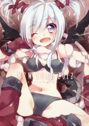 Rule 34 | 1girl, bat wings, bikini, black bikini, boots, breasts, breasts apart, chair, dragon tail, ech, fang, female focus, gloves, hair ribbon, hand on own cheek, hand on own face, kotoyoro, navel, new year, one eye closed, open mouth, original, purple eyes, red gloves, ribbon, silver hair, sitting, solo, swimsuit, tail, translated, twintails, wings, wink