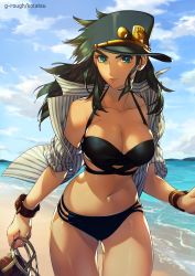 Rule 34 | 1girl, artist name, beach, bikini, black bikini, breasts, cleavage, closed mouth, cloud, collarbone, commentary request, day, green eyes, hat, highres, kotatsu (g-rough), kuujou joutarou, large breasts, looking at viewer, mountain, ocean, open clothes, open shirt, shirt, sky, solo, striped clothes, striped shirt, swimsuit, thigh gap, wristband