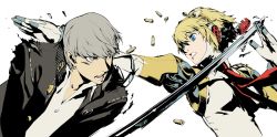 Rule 34 | 1boy, 1girl, aegis (persona), android, arc system works, atlus, battle, blonde hair, blue eyes, casing ejection, glasses, grey eyes, grey hair, highres, joints, narukami yuu, official art, persona, persona 3, persona 4, persona 4: the ultimate in mayonaka arena, robot joints, school uniform, shell casing, short hair, simple background, sword, torn clothes, weapon