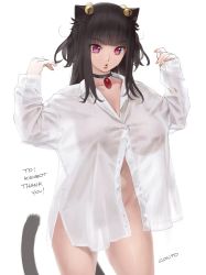 Rule 34 | 1girl, :o, animal ear fluff, animal ears, bell, breasts, cat ears, collar, collarbone, conto, highres, hime cut, jingle bell, large breasts, long hair, naked shirt, original, red eyes, see-through, shirt, simple background, solo, tail, thigh gap, white background, white shirt, wide hips