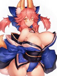 Rule 34 | 10s, 1girl, animal ears, areola slip, bare shoulders, breasts, cameltoe, fang, fate/extra, fate (series), female focus, fox ears, fox tail, fumio (rsqkr), japanese clothes, large breasts, light smile, long hair, looking at viewer, nipples, pink hair, simple background, solo, tail, tamamo (fate), tamamo no mae (fate/extra), thighs, white background, yellow eyes