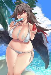 Rule 34 | 1girl, absurdres, ahoge, bare arms, beach, bikini, bird wings, black wings, blue sky, bow, breasts, brown hair, caustics, cleavage, cloud, collarbone, day, eating, feathered wings, feet out of frame, food, food in mouth, green bow, hair between eyes, hair bow, head tilt, highres, huge breasts, long hair, mikomo0106, navel, outdoors, palm tree, popsicle, popsicle in mouth, red eyes, reiuji utsuho, side-tie bikini bottom, sky, solo, swimsuit, thighs, touhou, tree, water, white bikini, wings