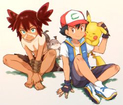 Rule 34 | 2boys, ash ketchum, barefoot, baseball cap, black hair, brown eyes, chitozen (pri zen), closed mouth, collarbone, commentary request, creatures (company), facepaint, feet together, fingerless gloves, game freak, gen 1 pokemon, gen 8 pokemon, gloves, green eyes, hat, knees, knees apart feet together, koko (pokemon), male focus, multiple boys, nintendo, pikachu, pokemon, pokemon (anime), pokemon (creature), pokemon the movie: secrets of the jungle, red hair, shirt, shoes, shorts, sitting, skwovet, sleeveless, sleeveless jacket, smile, spread legs, toes, topless male, white footwear, white shirt