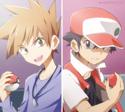 Rule 34 | 2boys, badge, baseball cap, black hair, black shirt, blue oak, brown hair, collarbone, commentary request, creatures (company), game freak, hat, holding, holding poke ball, indoors, jacket, jewelry, kakiuchi itsuki, looking to the side, male focus, multiple boys, necklace, nintendo, open mouth, parted lips, poke ball, poke ball (basic), pokemon, pokemon rgby, purple shirt, red (pokemon), shirt, short sleeves, smile, spiked hair, split screen, teeth, tongue