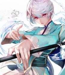 Rule 34 | 1boy, bishounen, commission, corset, foreshortening, holding, lower teeth only, male focus, mikleo (tales), open mouth, purple eyes, shycocoa, simple background, solo, stance, swept bangs, tagme, tales of (series), tales of zestiria, teeth, upper body, water, white background