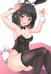 Rule 34 | 1girl, = =, animal, animal ears, arms up, ass, bare shoulders, black bow, black bowtie, black hair, black leotard, blush, bow, bowtie, breasts, brown thighhighs, cheese, cleavage, closed eyes, collar, collarbone, commentary request, covered navel, detached collar, fake animal ears, feet out of frame, food, granblue fantasy, hair ornament, hairband, hairclip, hekomii, highres, knees together feet apart, leotard, looking at viewer, medium breasts, mouse (animal), open mouth, playboy bunny, rabbit ears, red eyes, red hairband, smile, solo, strapless, strapless leotard, striped, striped bow, tears, teeth, thighhighs, upper teeth only, vikala (granblue fantasy), white background, white collar, wing collar, wrist cuffs
