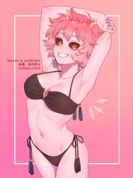 Rule 34 | 1girl, armpits, arms behind head, arms up, artist name, ashido mina, bare shoulders, bikini, black bikini, black sclera, boku no hero academia, breasts, cleavage, collarbone, colored sclera, colored skin, commentary request, ear piercing, earrings, english text, framed, horns, jewelry, lightning, lightning bolt symbol, looking at viewer, medium breasts, mizuki mau, nail polish, navel, open mouth, outside border, piercing, pink background, pink hair, pink skin, short hair, simple background, smile, solo, standing, stomach, swimsuit, teeth, twitter username, yellow eyes