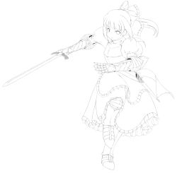 Rule 34 | 1girl, :&lt;, absurdres, armor, bow, breastplate, couter, dress, gauntlets, greaves, greyscale, hair bow, highres, kirio (ccr00235), lineart, long hair, monochrome, no nose, ponytail, scabbard, shanghai doll, sheath, simple background, solo, standing, standing on one leg, sword, touhou, weapon, white background