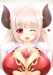 Rule 34 | 10s, 1boy, 1girl, alicia (granblue fantasy), blush, breasts, censored, cleavage, cow girl, cow horns, cum, dress, earrings, ejaculation, elbow gloves, gloves, gradient background, granblue fantasy, hetero, horns, huge breasts, jewelry, kane-neko, long hair, looking at viewer, open mouth, paizuri, penis, pointy ears, projectile cum, red eyes, silver hair, simple background, solo focus, tongue, underboob, white gloves, wince