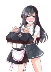 Rule 34 | 10s, 1girl, asashio (kancolle), black hair, blush, clothes hanger, embarrassed, kantai collection, long hair, looking at viewer, maid, mikage takashi, pleated skirt, school uniform, grey eyes, skirt, solo, suspenders