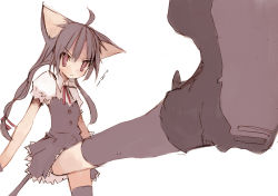Rule 34 | 1girl, ahoge, animal ears, cat ears, frown, high kick, kicking, mitsuki mouse, original, shoe soles, shoes, solo, tail, thighhighs
