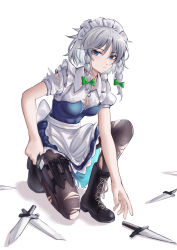 Rule 34 | 1girl, :/, absurdres, ailu elf, apron, back bow, black footwear, black pantyhose, blue dress, blue eyes, boots, bow, braid, breasts, closed mouth, commentary request, cross-laced footwear, dress, frilled apron, frilled dress, frills, grey hair, highres, holster, izayoi sakuya, kneeling, knife, maid, maid apron, maid headdress, medium breasts, medium hair, pantyhose, puffy short sleeves, puffy sleeves, shirt, short sleeves, solo, thigh holster, torn clothes, torn pantyhose, torn shirt, touhou, twin braids, waist apron, waist bow, white apron, white bow, white shirt