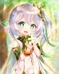 Rule 34 | 1girl, :d, absurdres, blurry, bracelet, braid, cape, commentary request, depth of field, detached sleeves, dress, forest, genshin impact, gradient hair, green eyes, hair between eyes, hair ornament, highres, jewelry, long hair, looking at viewer, multicolored hair, nahida (genshin impact), nature, ninoji, open mouth, pointy ears, short sleeves, side ponytail, sidelocks, single braid, smile, solo, sunlight, symbol-shaped pupils, tree, white dress, white hair
