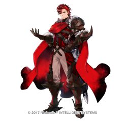 Rule 34 | 1boy, armor, belt, black gloves, cape, closed mouth, diamant (fire emblem), fire emblem, fire emblem engage, fire emblem heroes, full body, fur trim, furrowed brow, gloves, hand on own hip, high collar, long sleeves, looking at viewer, nintendo, official art, pants, red cape, red eyes, red hair, short hair, shoulder armor, solo, standing, turtleneck, watermark, white background