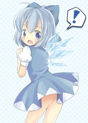 ! aiba_kou ass blue_eyes blue_hair blush bow cirno hair_bow looking_back no_panties short_hair solo touhou wings yousei_daisensou