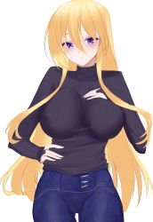 Rule 34 | 1girl, absurdres, azur lane, bismarck (azur lane), black sweater, blonde hair, blue eyes, blue pants, breasts, casual, commission, cowboy shot, hand on own chest, highres, large breasts, long hair, neunzig, pants, ribbed sweater, smile, solo, sweater, white background