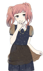 Rule 34 | 1girl, blue eyes, blue nails, blunt bangs, blush, closed mouth, constellation print, cowboy shot, crescent, crescent pin, dress, hand on own face, layered dress, looking at viewer, mattaku mousuke, nail polish, original, pink hair, print dress, puffy short sleeves, puffy sleeves, see-through, short hair, short sleeves, short twintails, simple background, skirt hold, smile, solo, spread fingers, standing, twintails, white background
