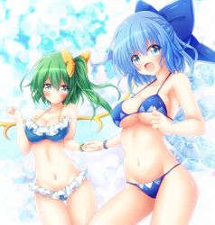 Rule 34 | 2girls, :d, adapted costume, aged up, alternate breast size, bare arms, bare shoulders, bead bracelet, beads, bikini, blue bikini, blue bow, blue eyes, blue hair, blush, bow, bracelet, breasts, cirno, cleavage, closed mouth, collarbone, commentary request, daiyousei, dot mouth, frilled bikini, frills, gluteal fold, green eyes, green hair, groin, hair between eyes, hair bow, halterneck, highres, holding hands, ice, ice wings, jewelry, large bow, large breasts, long hair, looking at viewer, medium hair, multiple girls, navel, open mouth, osashin (osada), side ponytail, smile, stomach, string bikini, swimsuit, thigh gap, touhou, wings, yellow bow