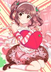 Rule 34 | 10s, 1girl, bad id, bad pixiv id, bare shoulders, blunt bangs, blush, brown eyes, brown hair, commentary request, detached sleeves, dress, geru (alpha discotica), hairband, heart, heart-shaped pillow, idolmaster, idolmaster cinderella girls, kneehighs, long hair, looking at viewer, mary janes, hugging object, ogata chieri, pillow, pillow hug, shoes, sitting, skirt, smile, socks, solo, striped, striped sleeves, twintails, wariza, white socks