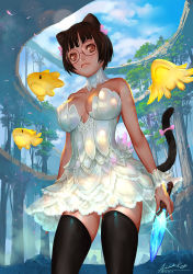 Rule 34 | 1girl, animal ears, ariverkao, bare shoulders, bow, breasts, brown eyes, brown hair, cat ears, cat tail, choker, cloud, collarbone, dagger, day, fish, floating, glasses, hair bow, knife, large breasts, matching hair/eyes, original, short hair, skindentation, sky, solo, tail, tail bow, tail ornament, thighhighs, tree, weapon