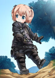 Rule 34 | 10s, 1girl, :3, aqua eyes, bad id, bad pixiv id, belt, blush, boots, broiler, final fantasy, final fantasy xiv, flat chest, gloves, lalafell, outdoors, pointy ears, sky, smile, solo, square enix, sunlight, tree, twintails, walking