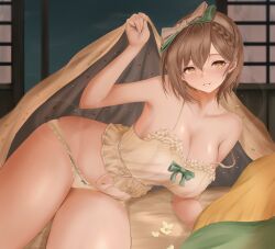 Rule 34 | 1girl, absurdres, atelier (series), atelier ryza, azur lane, bare arms, bare shoulders, bed invitation, blanket, blue bow, bow, bow hairband, braid, breasts, brown eyes, brown hair, camisole, cleavage, cowboy shot, crop top, flower, frilled camisole, frilled panties, frills, grin, hair bow, hairband, head tilt, highres, holding, holding blanket, indoors, large breasts, leaning to the side, midriff, navel, noa (skae3323), official alternate costume, panties, reclining, reisalin stout, reisalin stout (late night alchemist), short hair, sidelocks, sitting, sleepwear, smile, spaghetti strap, stomach, strap slip, thick thighs, thighs, underwear, underwear only, white bow, white flower, white hairband, yellow camisole, yellow panties