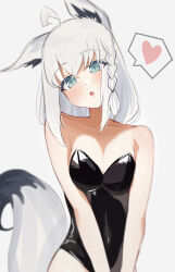 1girl absurdres ahoge alternate_costume animal_ear_fluff animal_ear_piercing animal_ears aqua_eyes bare_shoulders black_leotard blush braid breasts cleavage collarbone commentary_request covered_navel crossed_bangs fox_ears fox_girl fox_tail head_tilt heart highleg highleg_leotard highres hololive leotard long_hair looking_at_viewer low_ponytail medium_breasts open_mouth shirakami_fubuki side_braid simple_background single_braid solo speech_bubble spoken_heart standing strapless strapless_leotard tail uw_chanmaru virtual_youtuber white_background white_hair