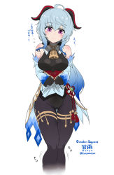 Rule 34 | 1girl, ahoge, artist name, bare shoulders, bell, black gloves, black leotard, black pantyhose, blue hair, blush, bodystocking, bodysuit, breasts, cameltoe, character name, chinese knot, copyright name, detached sleeves, embarrassed, flower knot, flying sweatdrops, ganyu (genshin impact), genshin impact, gloves, gluteal fold, gold trim, groin, highleg, highleg leotard, highres, horns, legs together, leotard, leotard under clothes, lifted by self, long hair, looking at viewer, medium breasts, neck bell, pantyhose, purple eyes, sidelocks, solo, standing, suisui (hakkindou), sweatdrop, tassel, thigh gap, thighlet, thighs, translation request, vision (genshin impact), white background, white sleeves