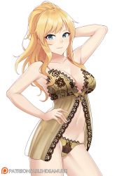 Rule 34 | 1girl, arm behind head, arm up, armpits, aslindsamure, blonde hair, blue eyes, blush, breasts, camisole, cleavage, collarbone, cowboy shot, groin, hair between eyes, hand on own hip, highres, idolmaster, idolmaster cinderella girls, large breasts, lingerie, long hair, looking at viewer, medium breasts, navel, ohtsuki yui, panties, parted lips, patreon username, ponytail, sidelocks, simple background, smile, solo, stomach, tareme, underwear, underwear only, wavy hair, white background