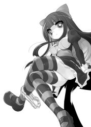 Rule 34 | 10s, 1girl, bad id, bad pixiv id, bow, breasts, colored inner hair, crossed legs, female focus, greyscale, hair bow, long hair, monochrome, multicolored hair, panties, panties around leg, panty &amp; stocking with garterbelt, simple background, sitting, solo, sorimura youji, stocking (psg), striped clothes, striped thighhighs, thighhighs, underwear, white background, zettai ryouiki