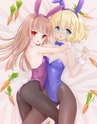 Rule 34 | 2girls, :o, animal ears, arm up, armpits, ass, asymmetrical docking, back, bare back, bare shoulders, bed, between legs, blonde hair, blue eyes, blush, bow, bowtie, grabbing another&#039;s breast, breast press, breasts, brown hair, carrot, detached collar, fake animal ears, female focus, flat chest, from above, grabbing, green eyes, hairband, hand on another&#039;s shoulder, highres, hime cut, hug, large breasts, leg between thighs, legs, leotard, long hair, looking at viewer, looking back, lying, multiple girls, on back, on side, open mouth, original, pantyhose, playboy bunny, rabbit ears, rabbit tail, red eyes, sakayan, saliva, saliva trail, short hair, shy, sweat, tail, wrist cuffs, yuri