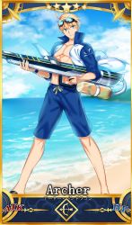 Rule 34 | 1boy, absurdres, adapted costume, ahoge, arthur pendragon (fate), bad id, bad twitter id, beach, blonde hair, blue male swimwear, blue sky, blue swim trunks, card (medium), card parody, character name, cloud, day, drawstring, fate/grand order, fate/prototype, fate (series), full body, goggles, goggles on head, green eyes, highres, looking at viewer, male focus, male swimwear, ocean, official style, pectorals, sandals, servant card (fate/grand order), seseragi azuma, shore, short hair, sky, smile, swim trunks, swimsuit, water gun