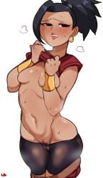 Rule 34 | 1girl, black eyes, black hair, blush, bracelet, breasts, cameltoe, cleft of venus, crop top, dark skin, dark-skinned female, dragon ball, dragon ball super, earrings, female focus, female pubic hair, high ponytail, highres, hip focus, hoop earrings, jewelry, kale (dragon ball), lightsource, lips, lipstick, looking at viewer, makeup, medium breasts, navel, open mouth, pubic hair, simple background, solo, spiked hair, upper body, white background