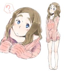 Rule 34 | 1girl, ?, barefoot, blue eyes, blush, bottomless, brown hair, chibikko (morihito), downblouse, eyebrows, flat chest, long hair, morihito, naked sweater, nipple slip, nipples, no pants, open mouth, original, pigeon-toed, simple background, sleeves past wrists, sweater, thick eyebrows