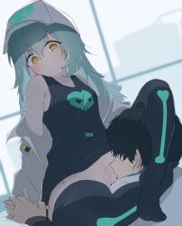 Rule 34 | 1boy, 1girl, absurdres, antonina (neural cloud), aqua hair, black hair, black tank top, black thighhighs, blush, breasts, censored, closed mouth, collarbone, full body, girls&#039; frontline neural cloud, hair between eyes, hat, headlock, hetero, highres, imminent cunnilingus, interlocked fingers, jacket, long hair, looking at another, mosaic censoring, off shoulder, parted lips, professor (neural cloud), ryunosuke nikaido, short hair, skull, small breasts, tank top, thighhighs, white hat, white jacket, yellow eyes