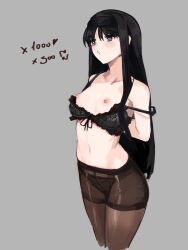 Rule 34 | 1girl, black hair, black hairband, blue eyes, blush, breasts, breasts out, flat chest, grey background, hairband, hand in thighhighs, highres, jonyeld, long hair, nipples, small breasts, solo, thighhighs, thighs, tohno akiha, tsukihime